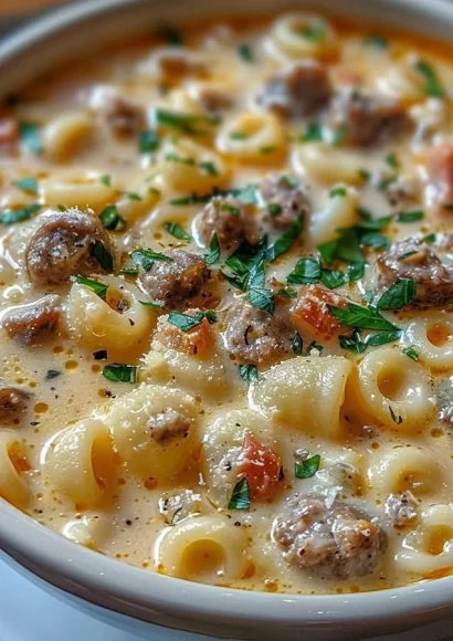 Bowl of creamy Parmesan Sausage Ditalini Soup garnished with herbs
