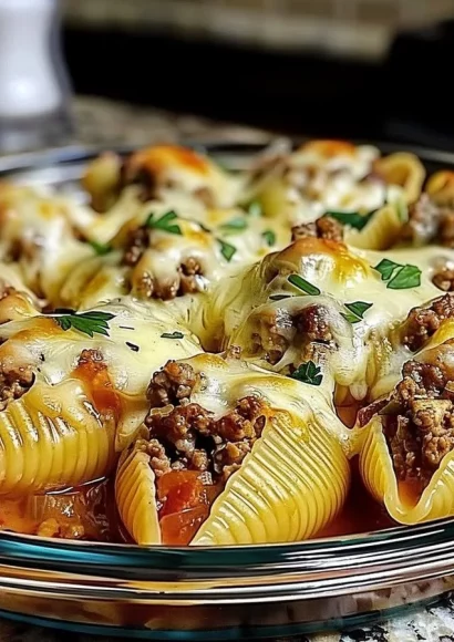 Delicious creamy ricotta beef stuffed shells topped with marinara sauce