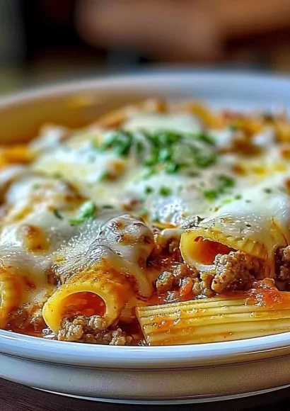 Creamy ricotta beef stuffed shells pasta dish garnished with herbs