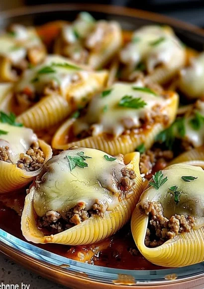Creamy ricotta beef stuffed shells pasta served in a baking dish