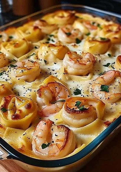 Creamy shrimp tortellini Alfredo casserole topped with cheese and herbs