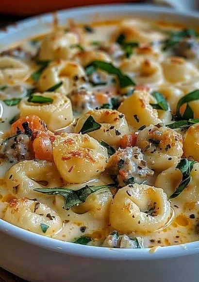 Creamy Tortellini Alfredo Casserole dish garnished with herbs