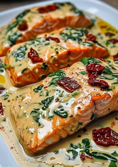 Creamy Tuscan salmon served with fresh herbs and vegetables