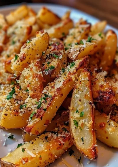 Crispy baked Parmesan garlic fries served on a plate, garnished with parsley.