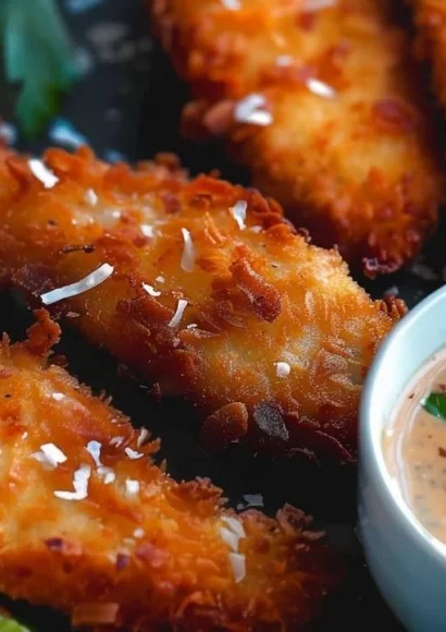 Crispy Coconut Chicken Tenders served with dipping sauce