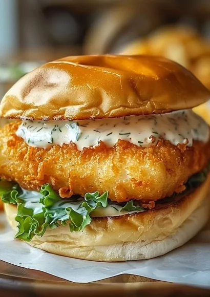 Crispy fried cod sandwich with fresh toppings and side, served on a wooden table