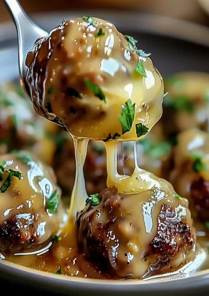 Plate of Crock Pot French Onion Meatballs topped with melted cheese and herbs.