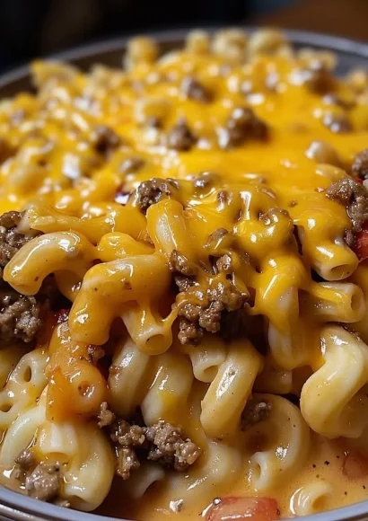 Delicious Crockpot Cheeseburger Mac served in a bowl, topped with melted cheese.