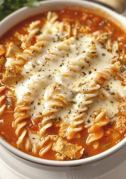 Bowl of warm Crockpot Chicken Parmesan Soup garnished with parsley.