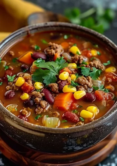 Bowl of delicious Crockpot Cowboy Soup with vegetables and beans