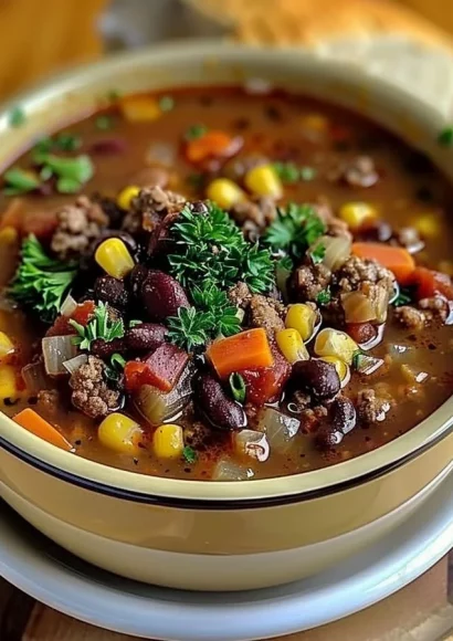 Bowl of Crockpot Cowboy Soup ready to serve, filled with veggies and meat.