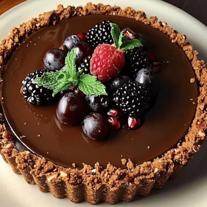 Delicious dark chocolate tart topped with fresh berries and a nutty crust.