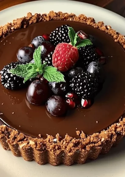 Delicious dark chocolate tart topped with fresh berries and a nutty crust.