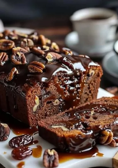 Date coffee loaf cake topped with espresso glaze and walnuts