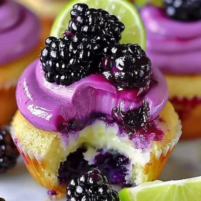 Decadent blackberry lime cheesecake cupcakes topped with fresh blackberries.
