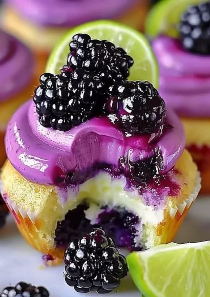 Decadent blackberry lime cheesecake cupcakes topped with fresh blackberries.