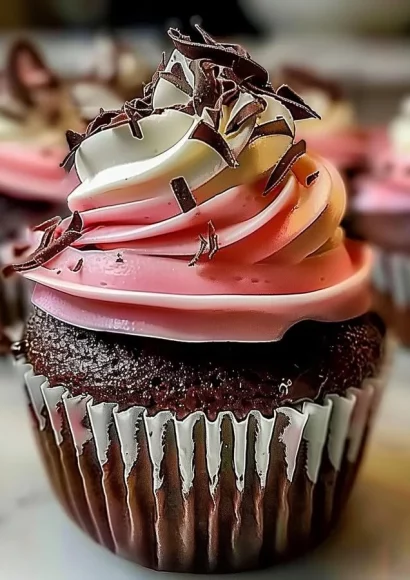 Decadent Neapolitan cream cupcakes with chocolate, vanilla, and strawberry layers