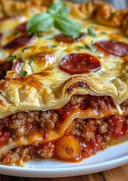 Deep hamburger pie with sausage and pepperoni served on a plate