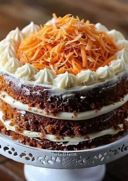 Slice of delicious Italian Carrot Cake with walnuts and cream cheese frosting