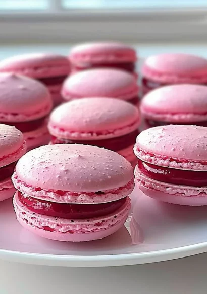 Close-up of delicious raspberry macarons on a decorative plate