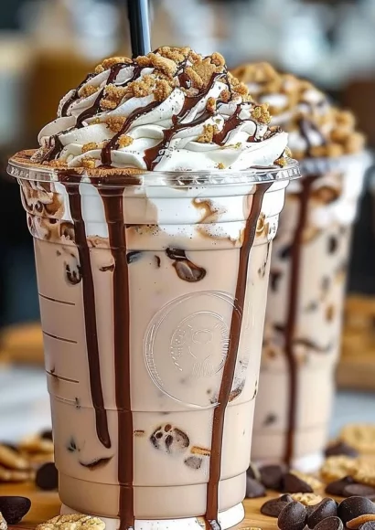 DIY cookies and cream frappuccino served in a glass with whipped cream on top