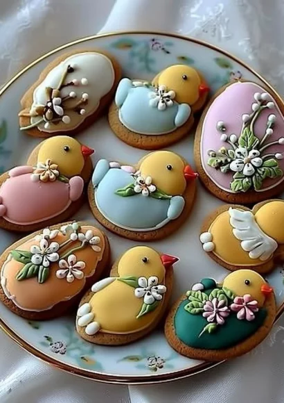 Easter cookies decorated with chick and flower designs for spring celebrations