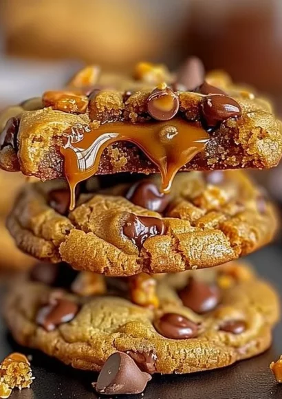 Easy Butterfinger Caramel Crunch Cookies with caramel and crunchy bits