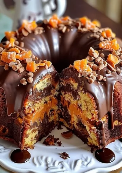 Delicious Easy Butterfinger Chocolate Bundt Cake topped with chocolate and Butterfinger pieces