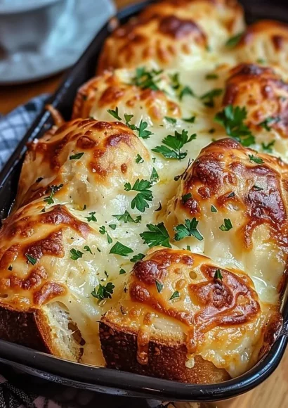 Delicious easy cheesy garlic bread with melted cheese and herbs.