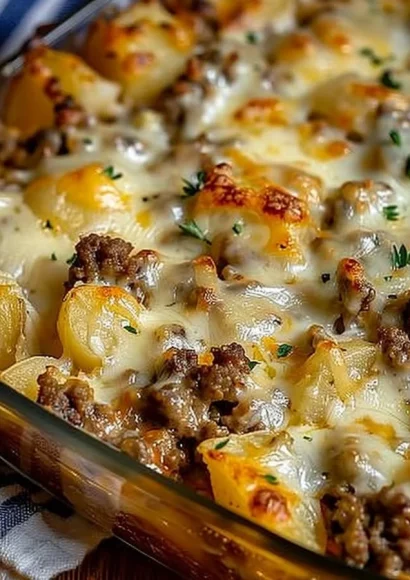 Easy hamburger potato casserole in a baking dish topped with cheese.