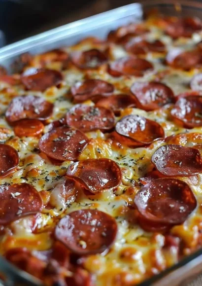 Easy pizza casserole topped with cheese and pepperoni in a baking dish