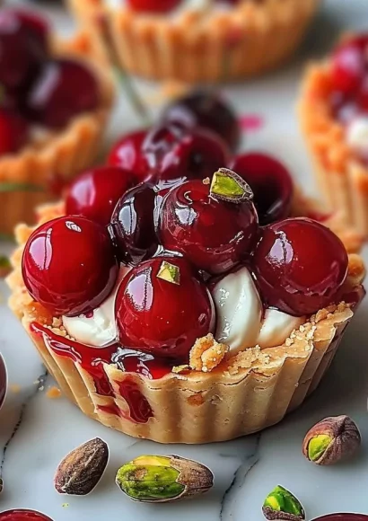 Elegant cherry pistachio tartlets garnished with fresh cherries and pistachios.