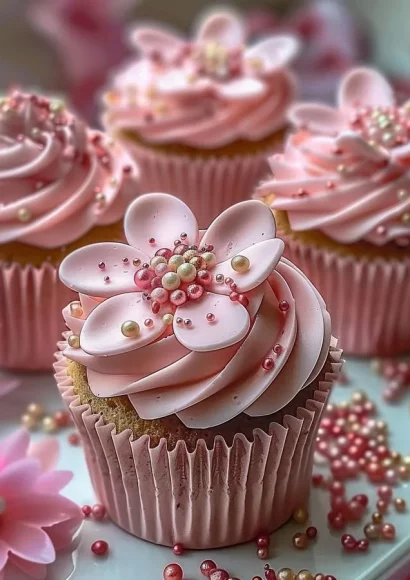 Elegant pink buttercream cupcakes with decorative sprinkles and floral designs