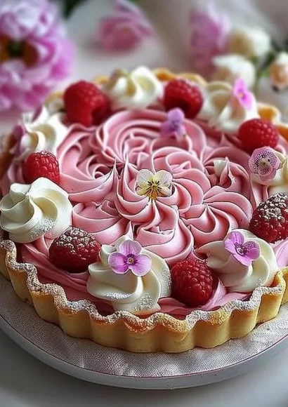 Elegant pink flower tart with delicate floral decoration and luscious filling