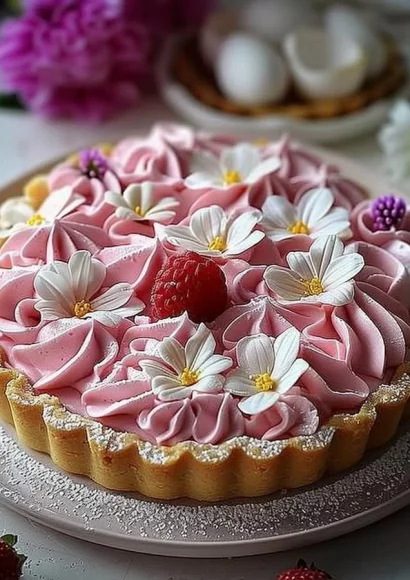 Elegant pink flower tart topped with delicate floral decorations