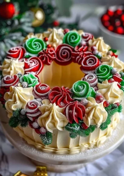 Festive Christmas Wreath Cake decorated with colorful icing and holiday accents.