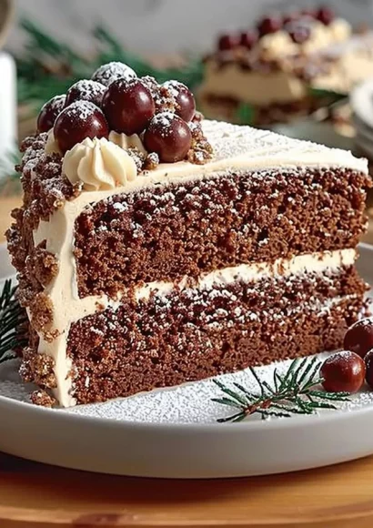 Slice of festive gingerbread cake decorated with icing and spices
