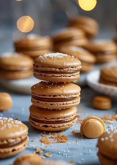 Festive gingerbread macarons with spiced caramel drizzle on a decorative plate