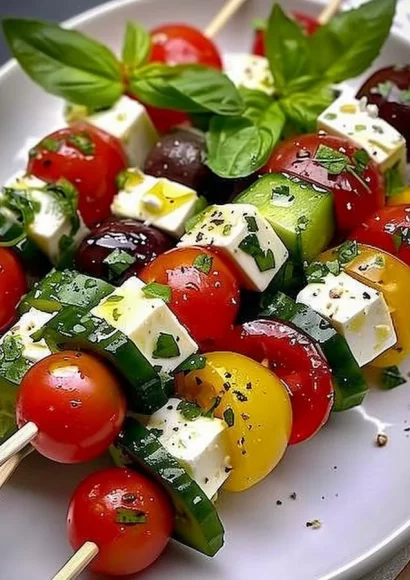 Festive Greek salad skewers with colorful vegetables and feta cheese