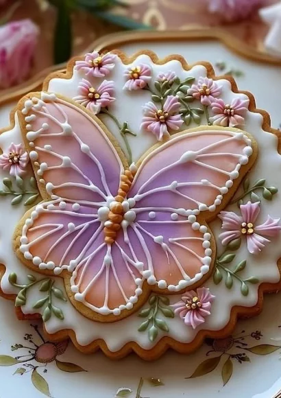 Floral butter cookies decorated with royal icing on a white plate