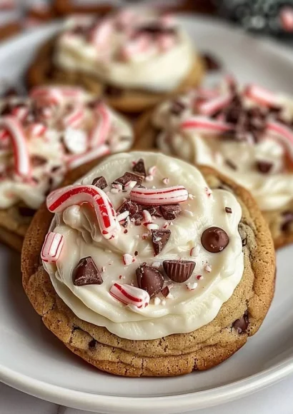 Frosted peppermint chocolate chunk cookies with festive decoration
