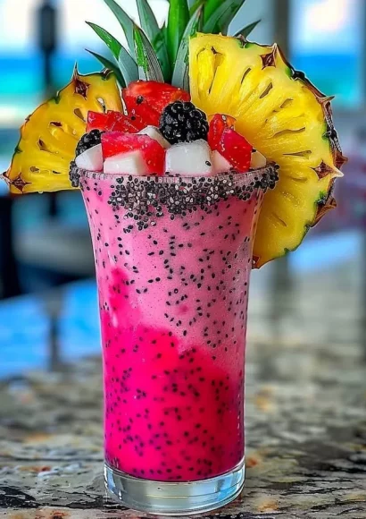 Frozen Dragon Fruit Pina Colada served in a coconut shell with a slice of pineapple