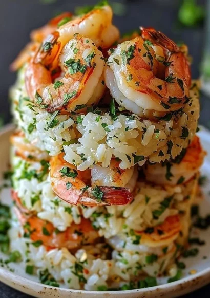 Delicious Garlic Butter Shrimp served with Cilantro Lime Rice stack.