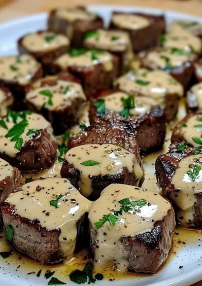 Delicious Garlic Butter Steak Bites drizzled with Parmesan Cream Sauce on a plate.