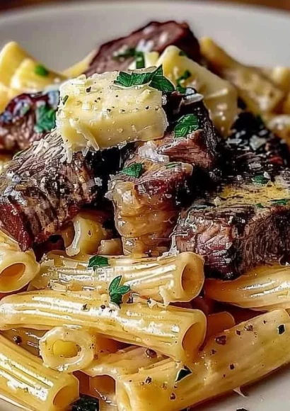 Juicy Garlic Butter Steak Tips served alongside cheesy rigatoni pasta