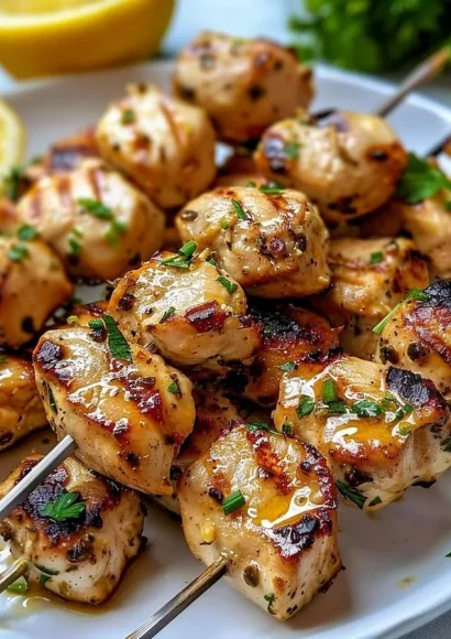 Garlic Parmesan Chicken Skewers garnished with herbs and spices on a plate.