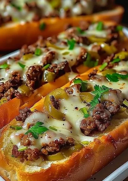 Delicious Garlic Philly Cheesesteak Bread topped with melted cheese and fresh herbs