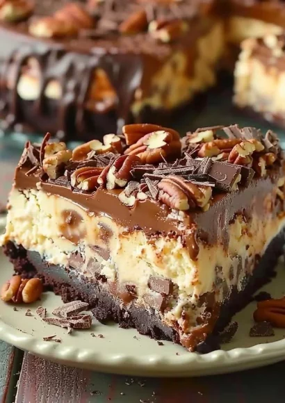 Slice of German Chocolate Cheesecake topped with coconut and pecans