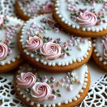 Decorative gingerbread cookies adorned with colorful floral icing.