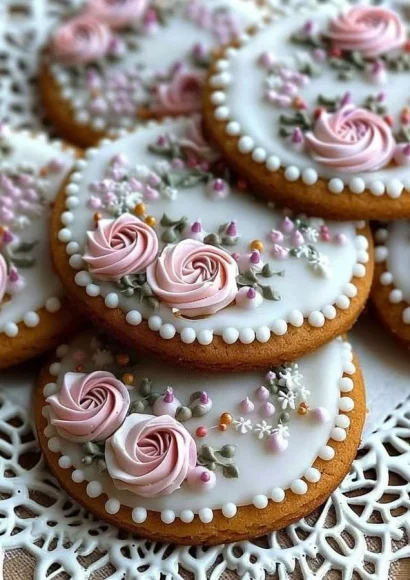Decorative gingerbread cookies adorned with colorful floral icing.
